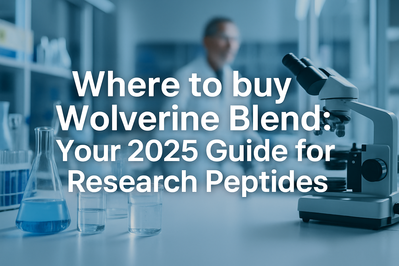 Professional landscape hero image (1536x1024) with bold text overlay: 'Where to buy Wolverine Blend: Your 2025 Guide for Research Peptides',