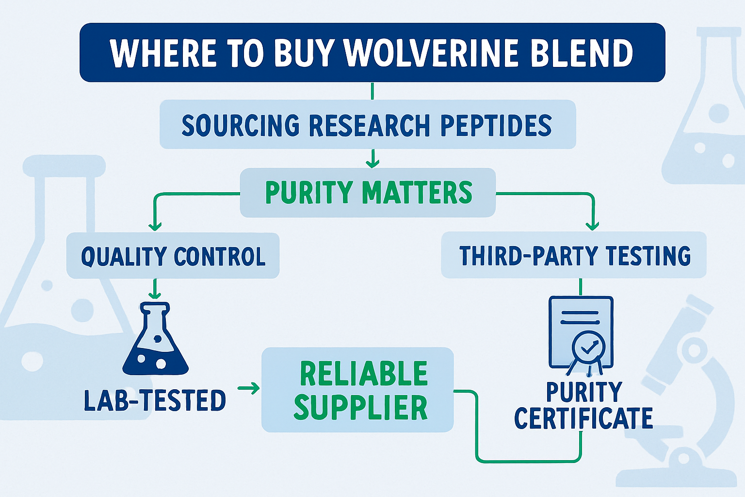 A detailed infographic showing a decision tree for sourcing research peptides, specifically highlighting criteria for 'Where to buy Wolverin