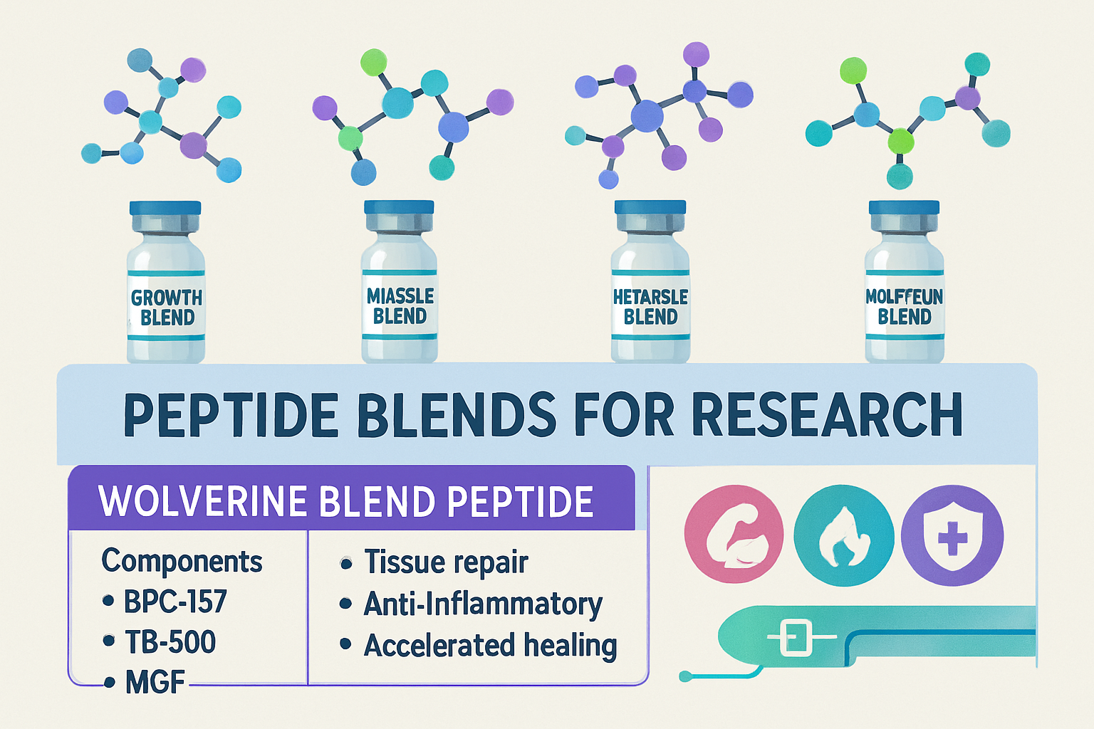 An image illustrating the various types of peptide blends available for research, with a focus on 'Wolverine Blend peptide'. This could be a