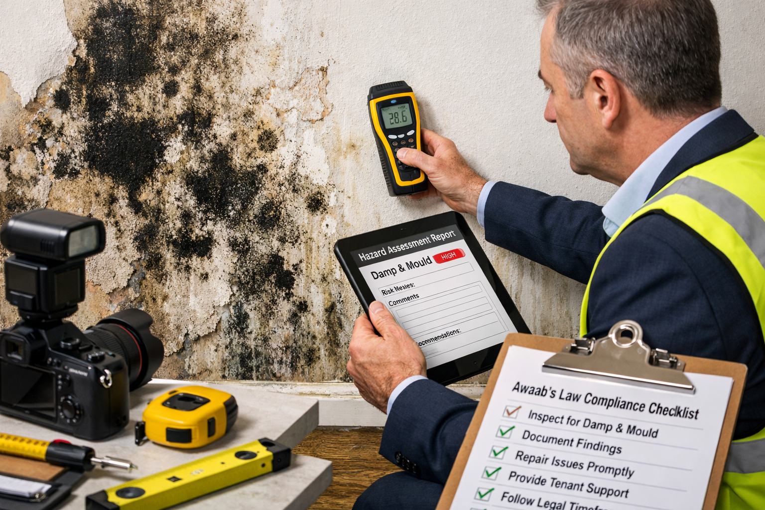 Detailed () image showing professional surveyor conducting property inspection in rental unit with visible damp and mould