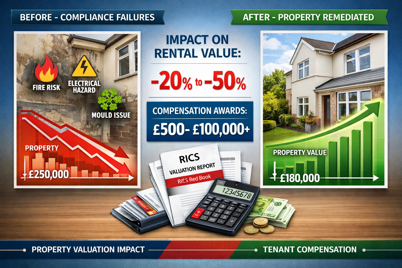 Detailed () infographic-style image displaying before-and-after property valuation comparison charts for rental properties