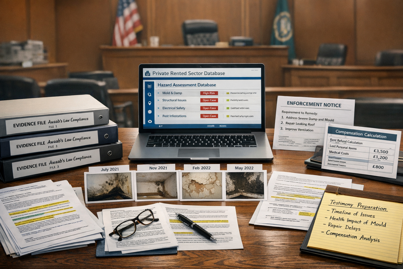 Detailed () image showing expert witness preparing courtroom testimony materials with focus on rental property dispute