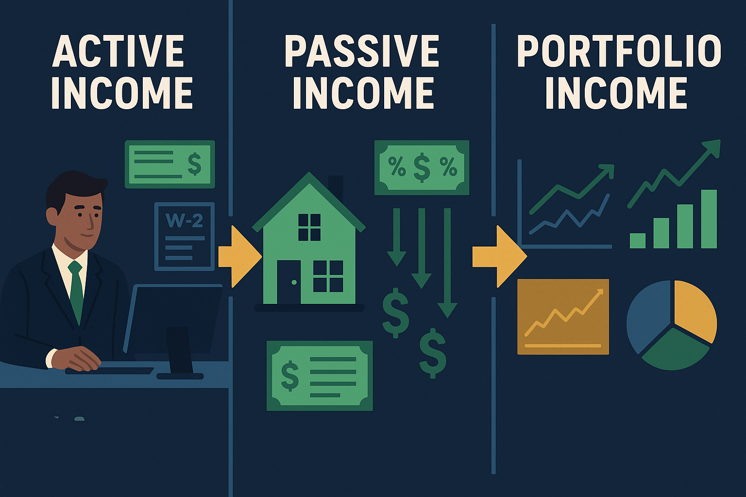 Detailed landscape editorial infographic (1536x1024) showing three distinct income categories with visual hierarchy: left panel displays 'Ac