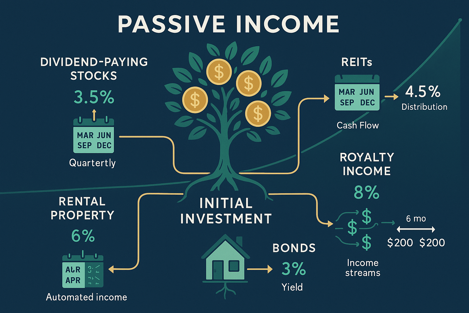 Comprehensive landscape visualization (1536x1024) depicting passive income sources as interconnected ecosystem: center shows money tree with