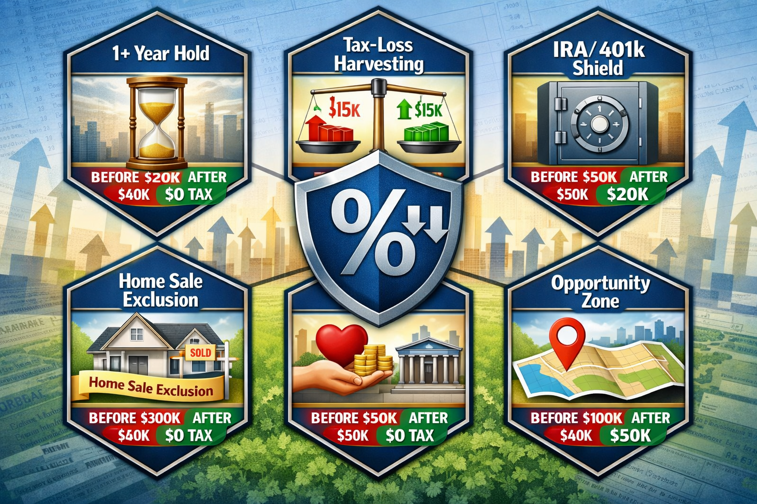Strategic landscape illustration (1536x1024) showcasing six proven methods to reduce capital gains tax legally. Layout features hexagonal gr