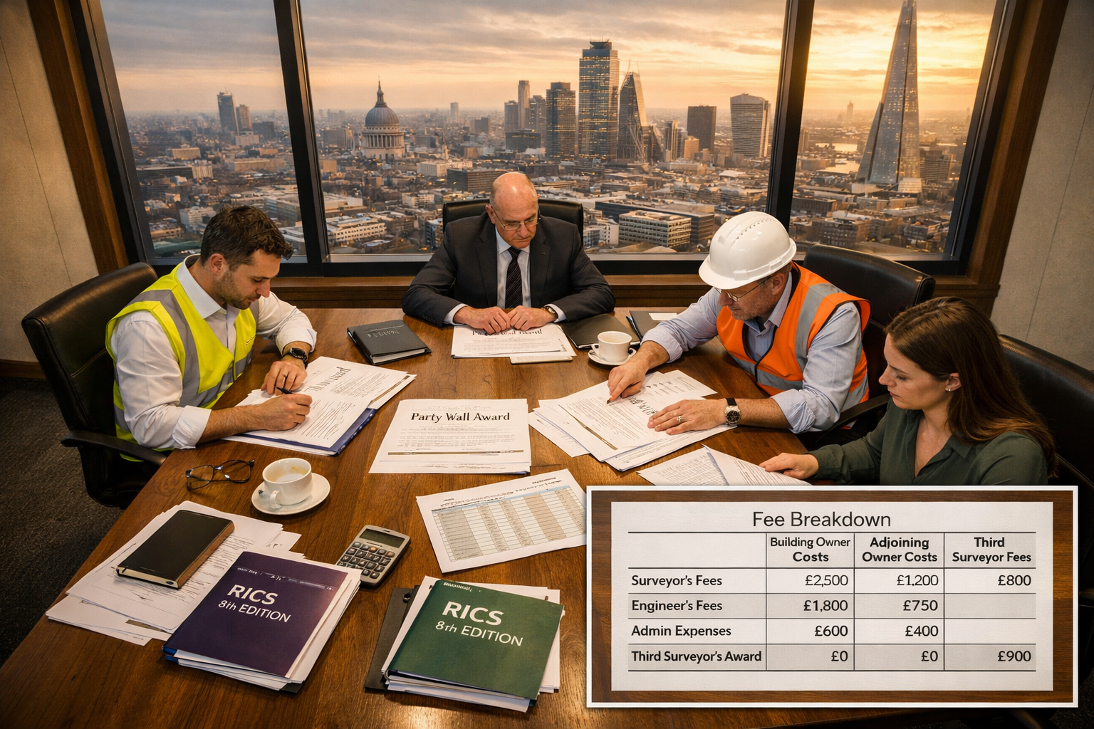 Wide-angle overhead shot of a professional meeting table with three surveyors seated, one neutral party at head of table,