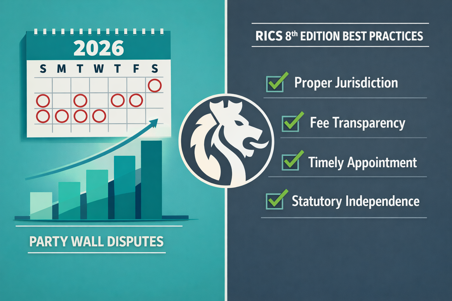 Split-screen () concept illustration showing left panel: a calendar marked 2026 with rising caseload bar chart showing party