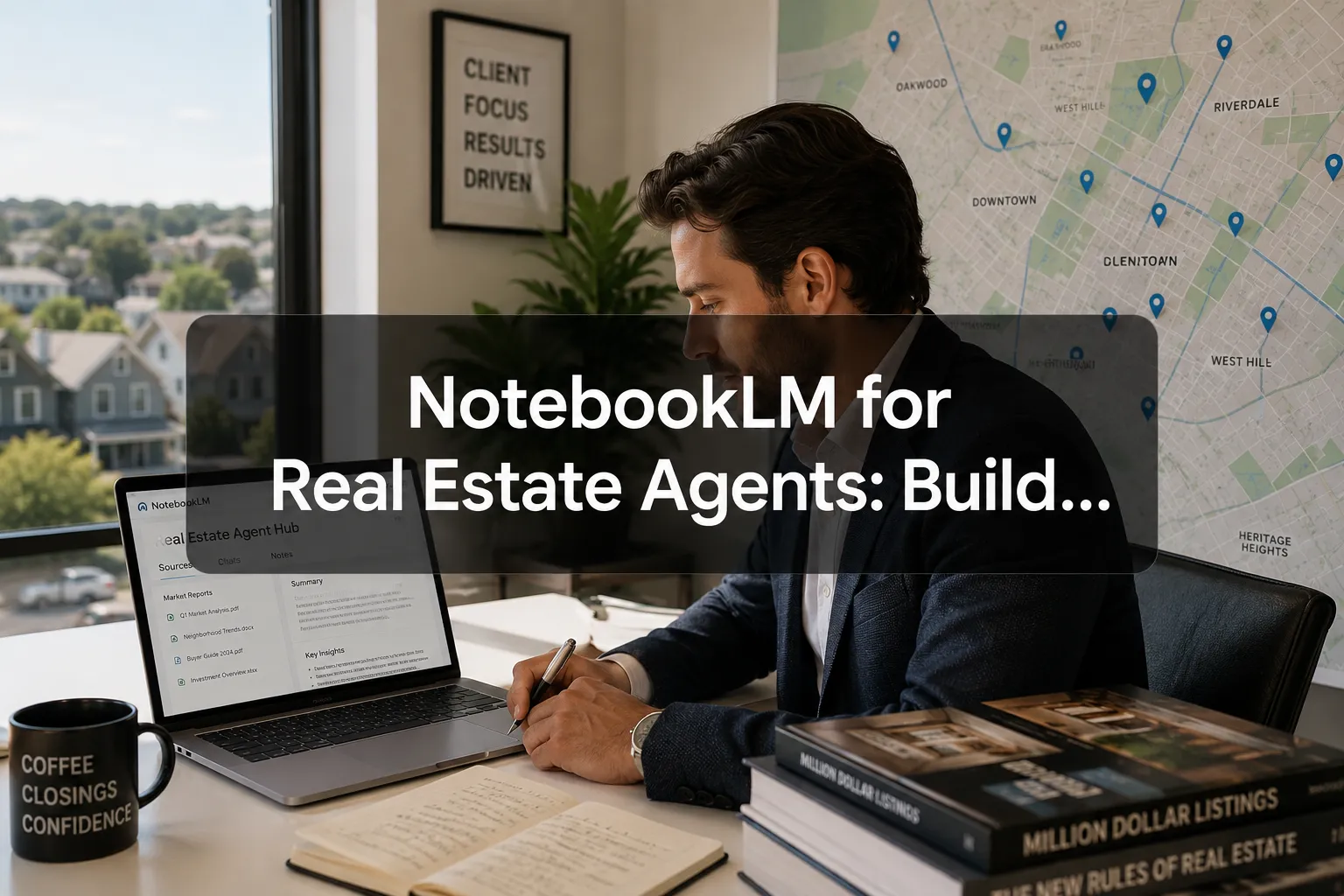 Professional () hero image with 'NotebookLM for Real Estate Agents: Build…' (≤42 chars) in crisp white on a semi-transparent