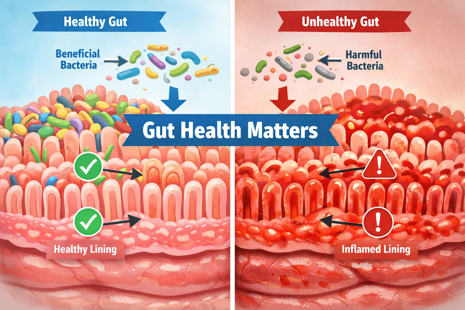 Landscape format (1536x1024) editorial image showing split-screen comparison of healthy pet digestive system versus unhealthy system. Left s