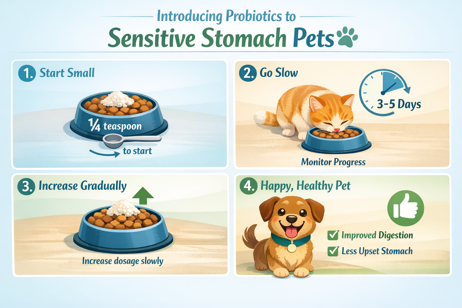 Landscape format (1536x1024) infographic-style image showing step-by-step visual guide for introducing probiotics to sensitive stomach pets.