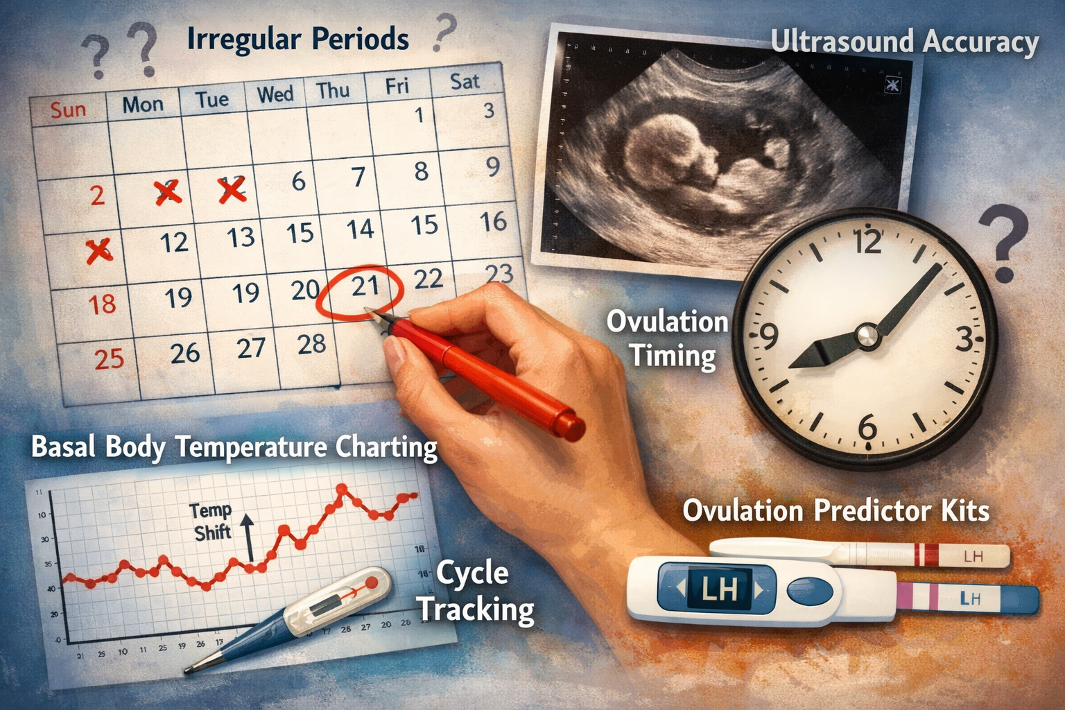 () image depicting various factors influencing conception date accuracy, such as a woman's hand circling an irregular period