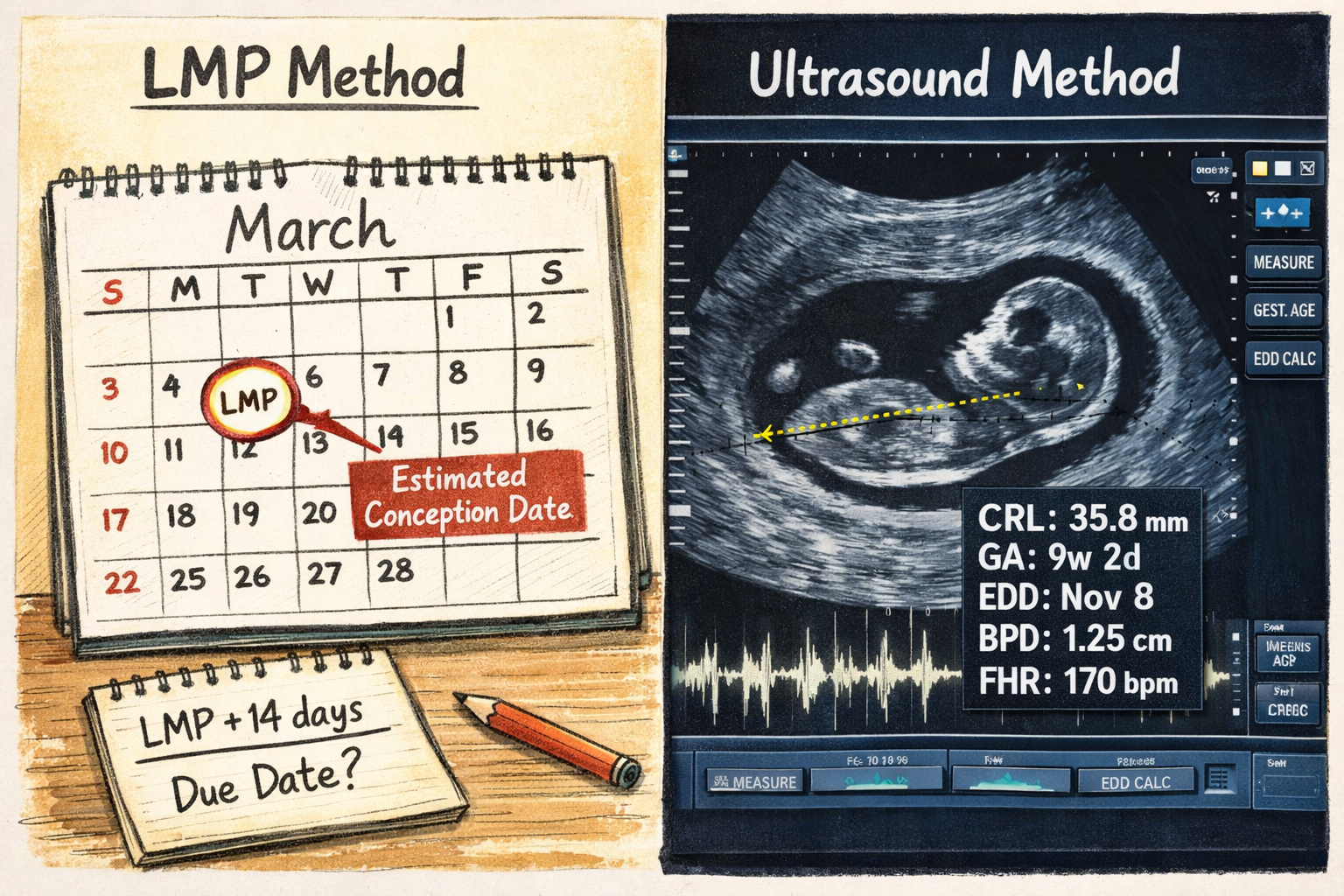 () image showing a side-by-side comparison of different methods for estimating conception date: one side showing a calendar