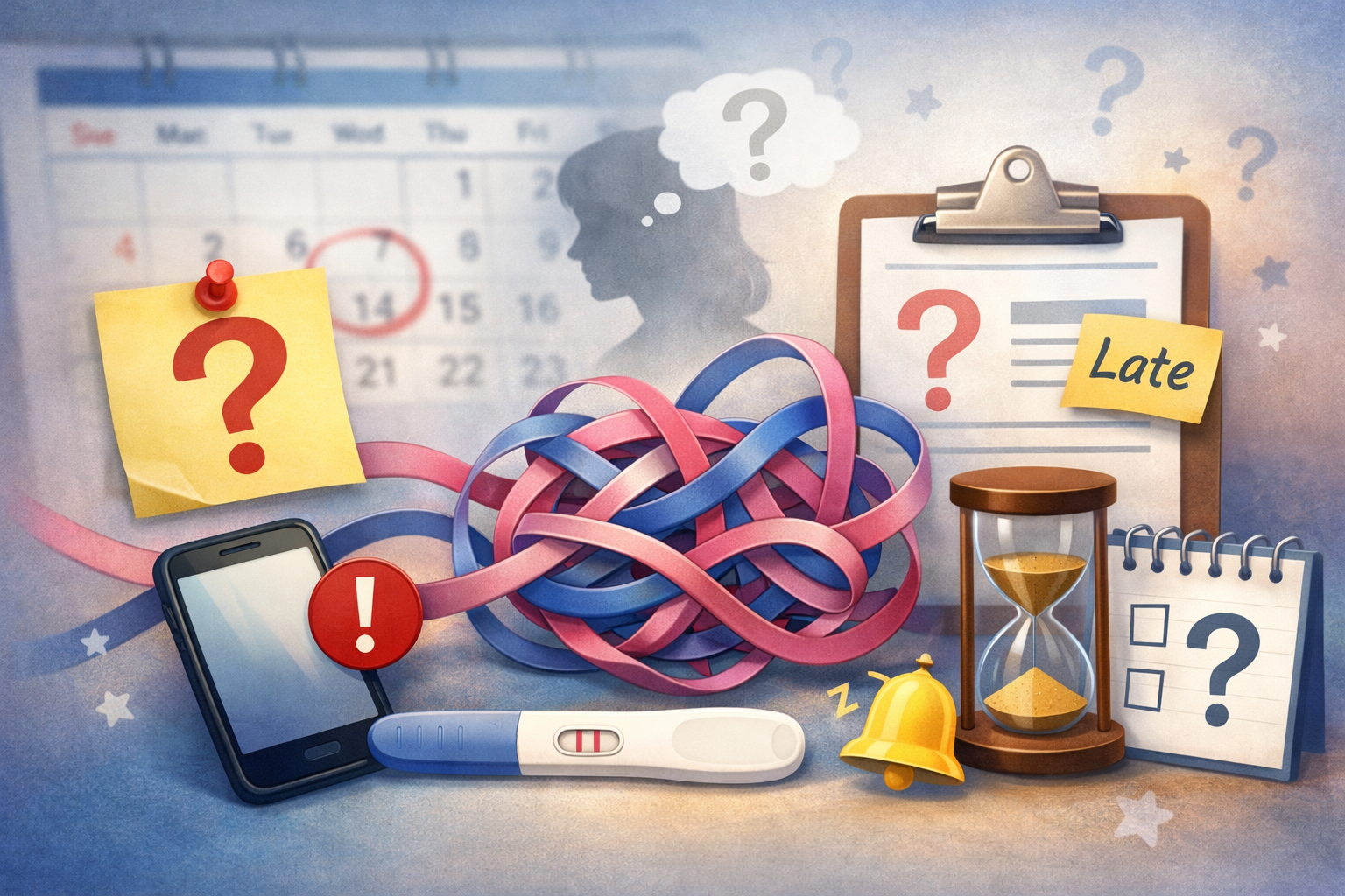 () image illustrating common pitfalls in estimating conception, such as a blurry calendar page, a question mark icon next to