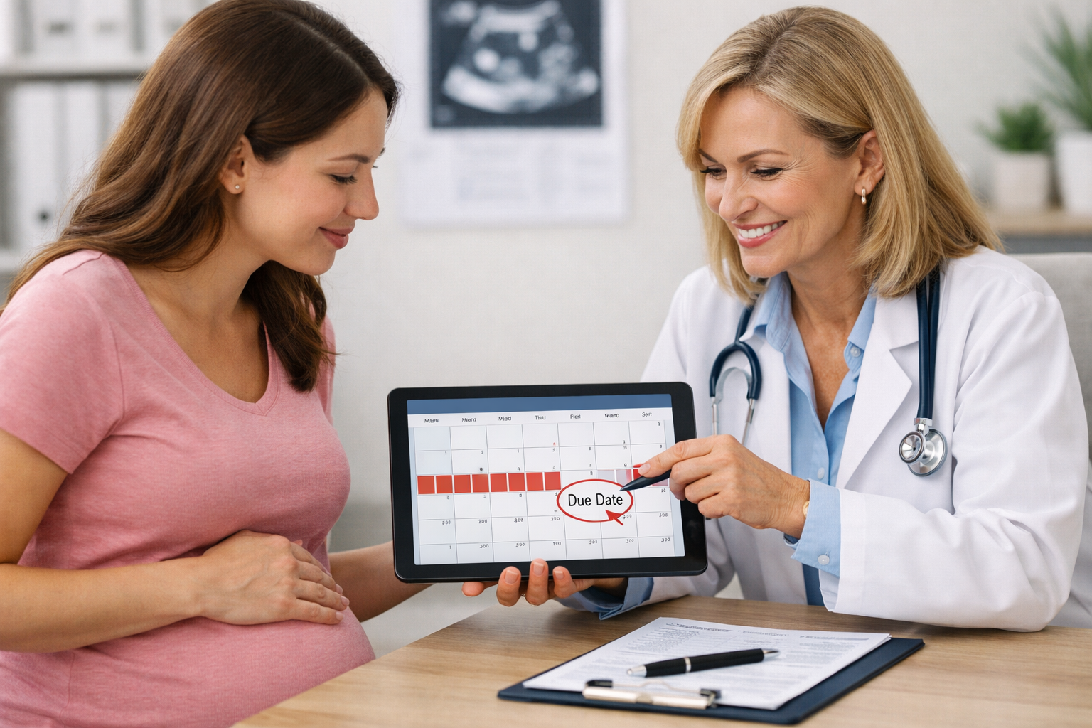 () image showing a pregnant woman consulting with a healthcare provider, looking at a shared digital calendar or medical