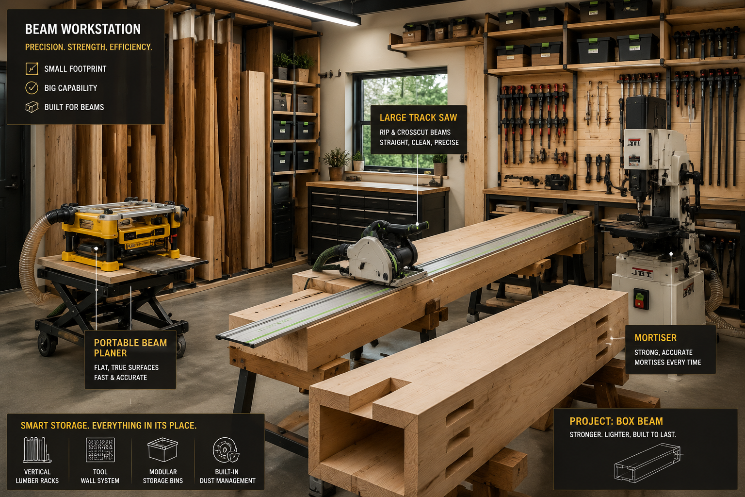 A detailed () image showcasing a compact yet highly organized woodworking shop in 2026, specifically focusing on a dedicated
