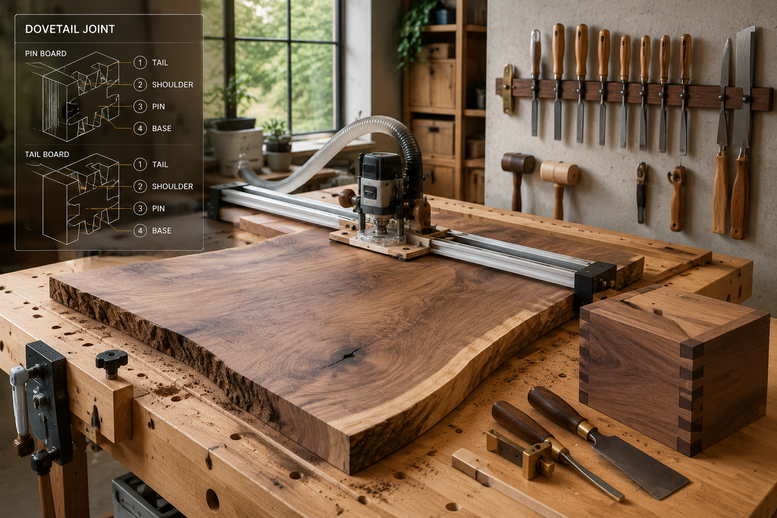 A () image illustrating advanced joinery and slab preparation techniques in a small workshop setting for 2026 trends.