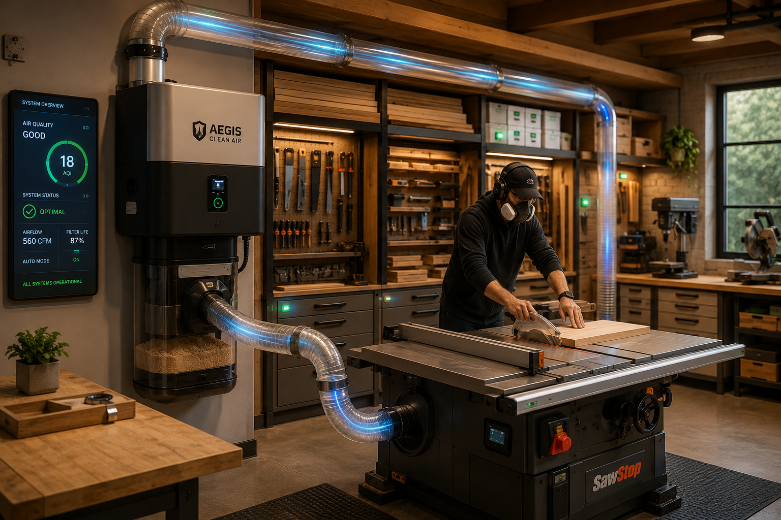 A vivid () scene of a small woodworking workshop optimized for dust control and smart technology in 2026. The focal point is
