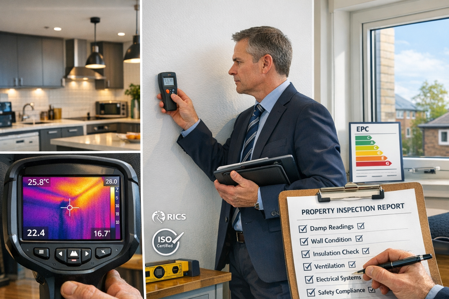 Detailed () image showing professional building surveyor conducting comprehensive property inspection inside modern