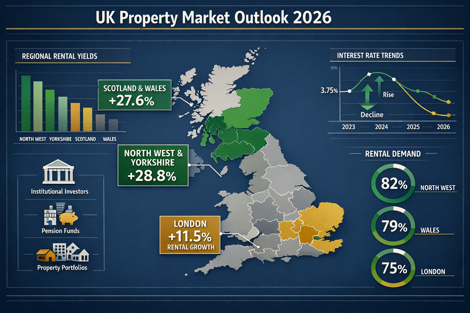 Detailed () infographic-style image displaying UK regional property market performance data for 2026. Central UK map with