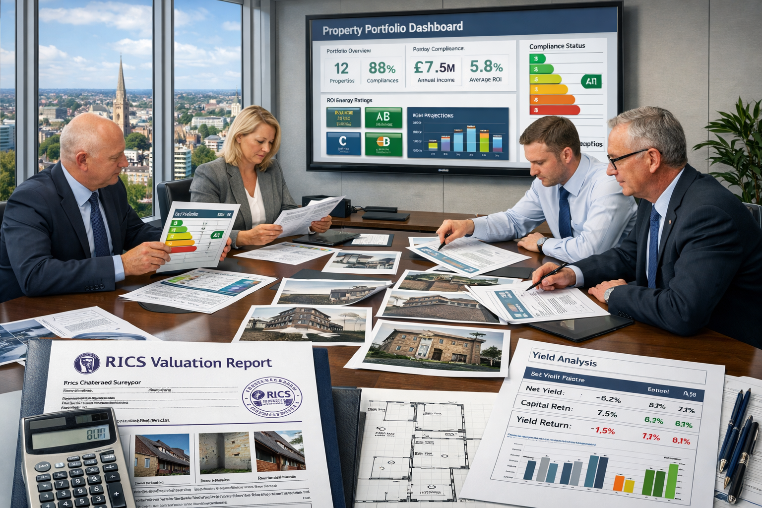 Detailed () image showing modern office meeting scene with institutional investment team reviewing building survey reports