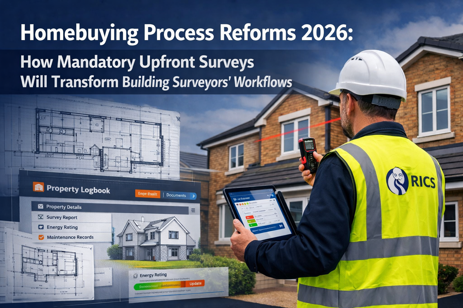 Professional landscape format (1536x1024) hero image featuring bold text overlay 'Homebuying Process Reforms 2026: How Mandatory Upfront Sur