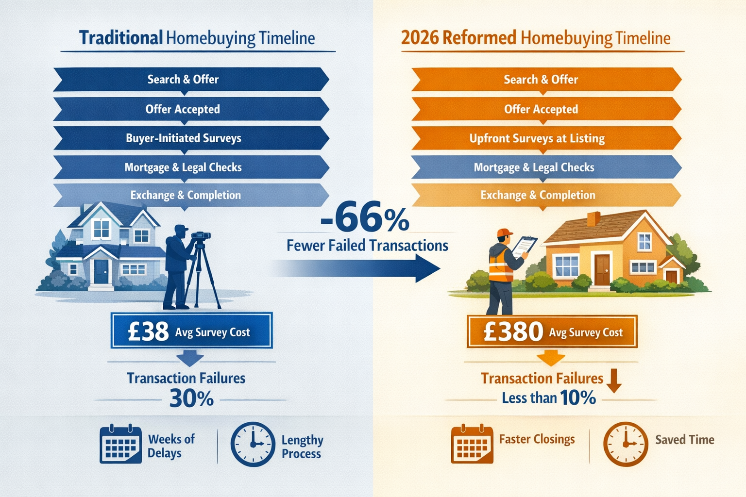 Detailed landscape format (1536x1024) infographic showing the transformation of homebuying timeline comparing traditional process versus 202