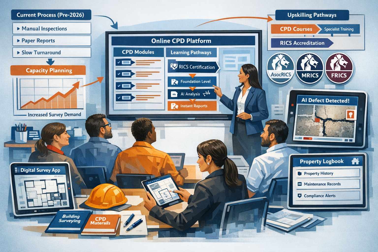 Comprehensive landscape format (1536x1024) illustration depicting building surveyor workflow transformation and professional development pat