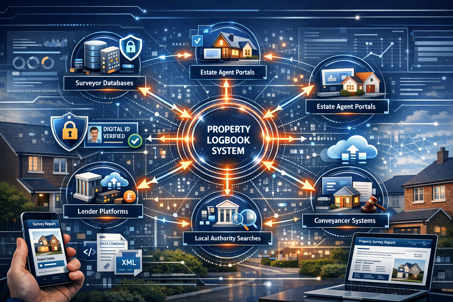 Detailed landscape format (1536x1024) conceptual visualization of digital transformation in property surveying ecosystem for 2026 reforms. C