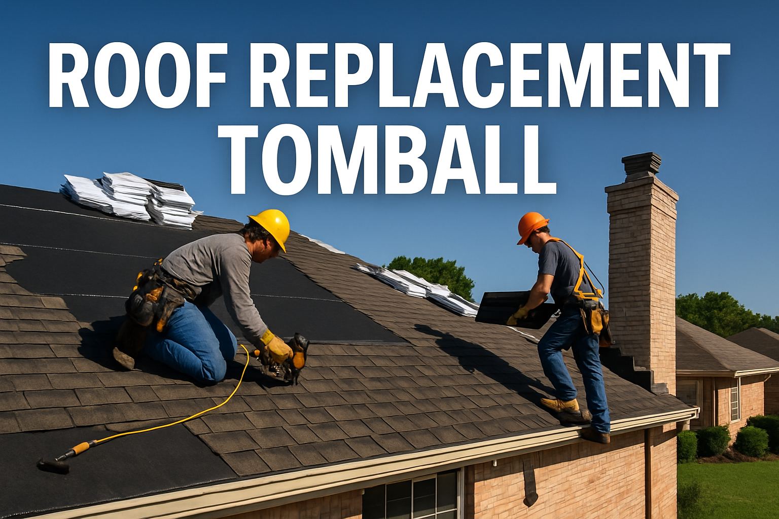 Professional landscape hero image (1536x1024) featuring bold text overlay 'Roof Replacement Tomball' in extra large 72pt white sans-serif fo