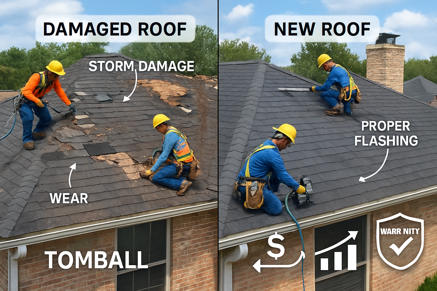Detailed landscape image (1536x1024) showing comprehensive roof replacement process in Tomball with split-screen composition: left side disp