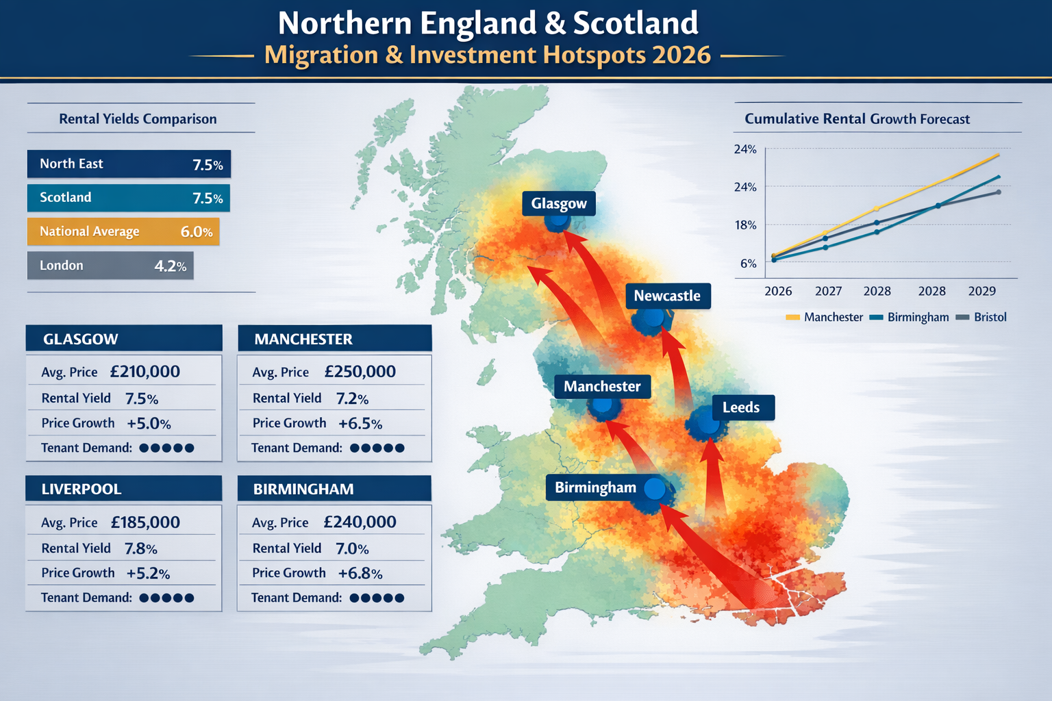 Landscape format (1536x1024) comprehensive infographic showing migration patterns and investment hotspots across Northern England and Scotla