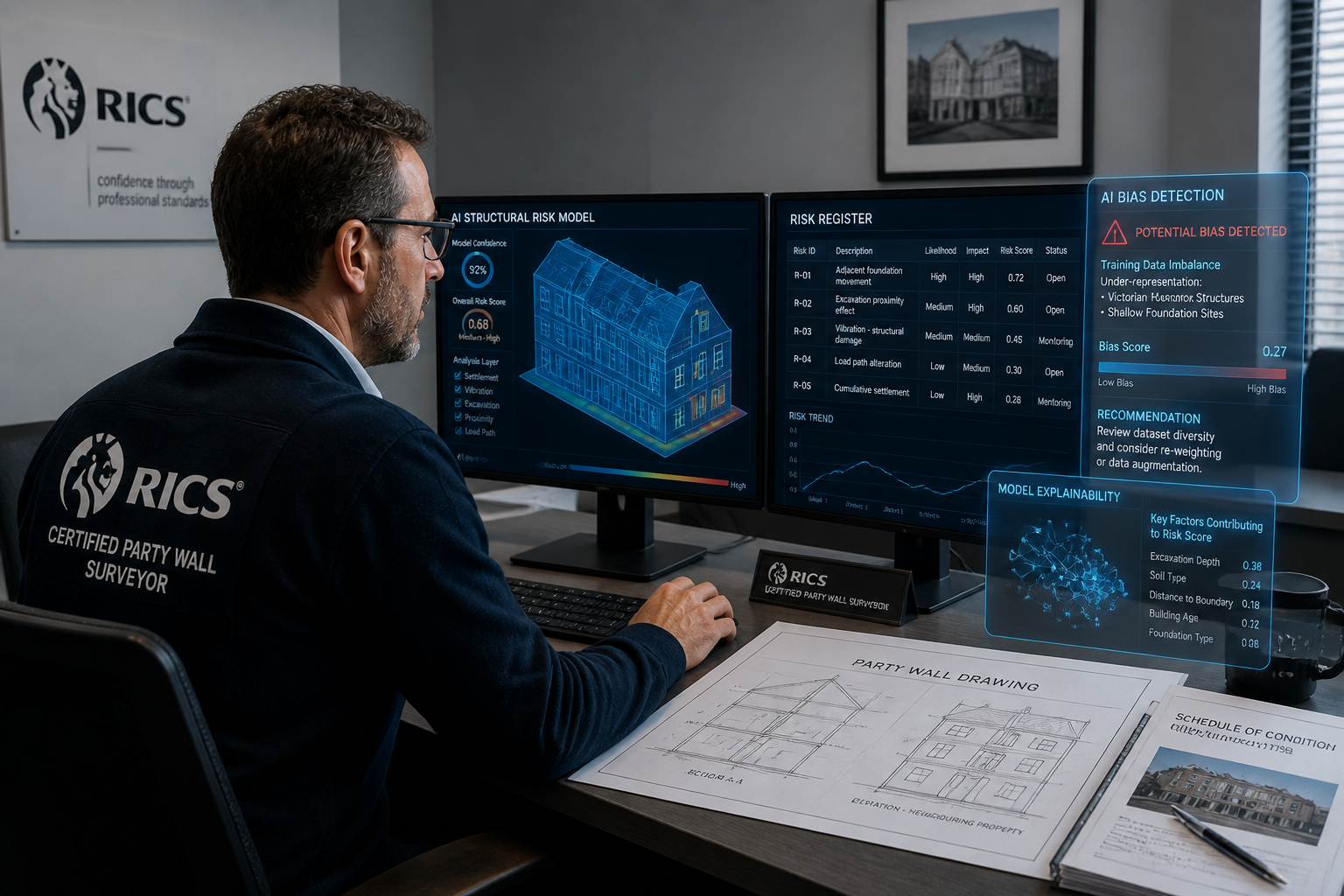 Wide-angle editorial illustration showing a RICS-certified party wall surveyor at a desk reviewing AI-generated structural