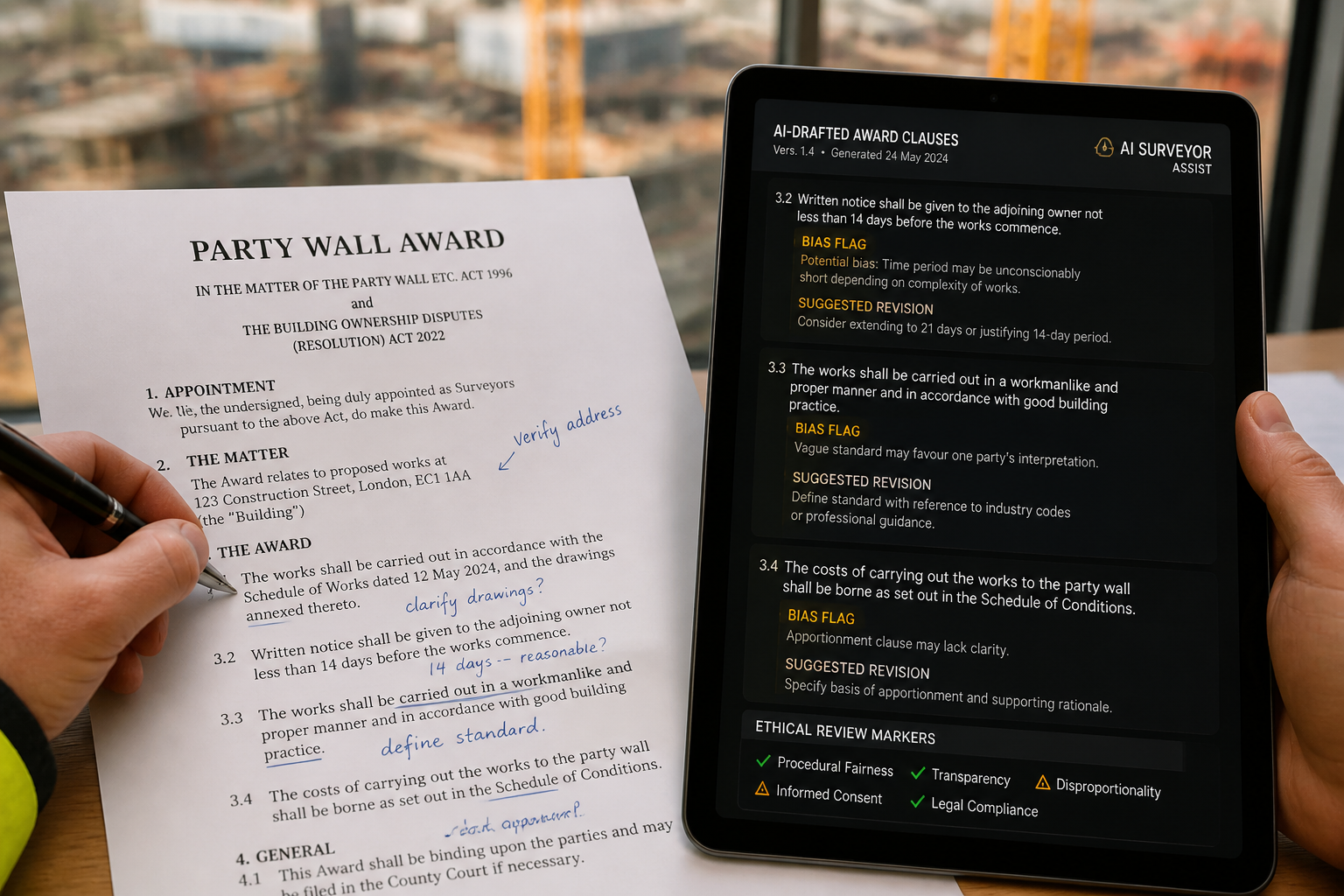 Close-up editorial photograph () of a party wall award document being reviewed by two surveyors — one human hand holding a