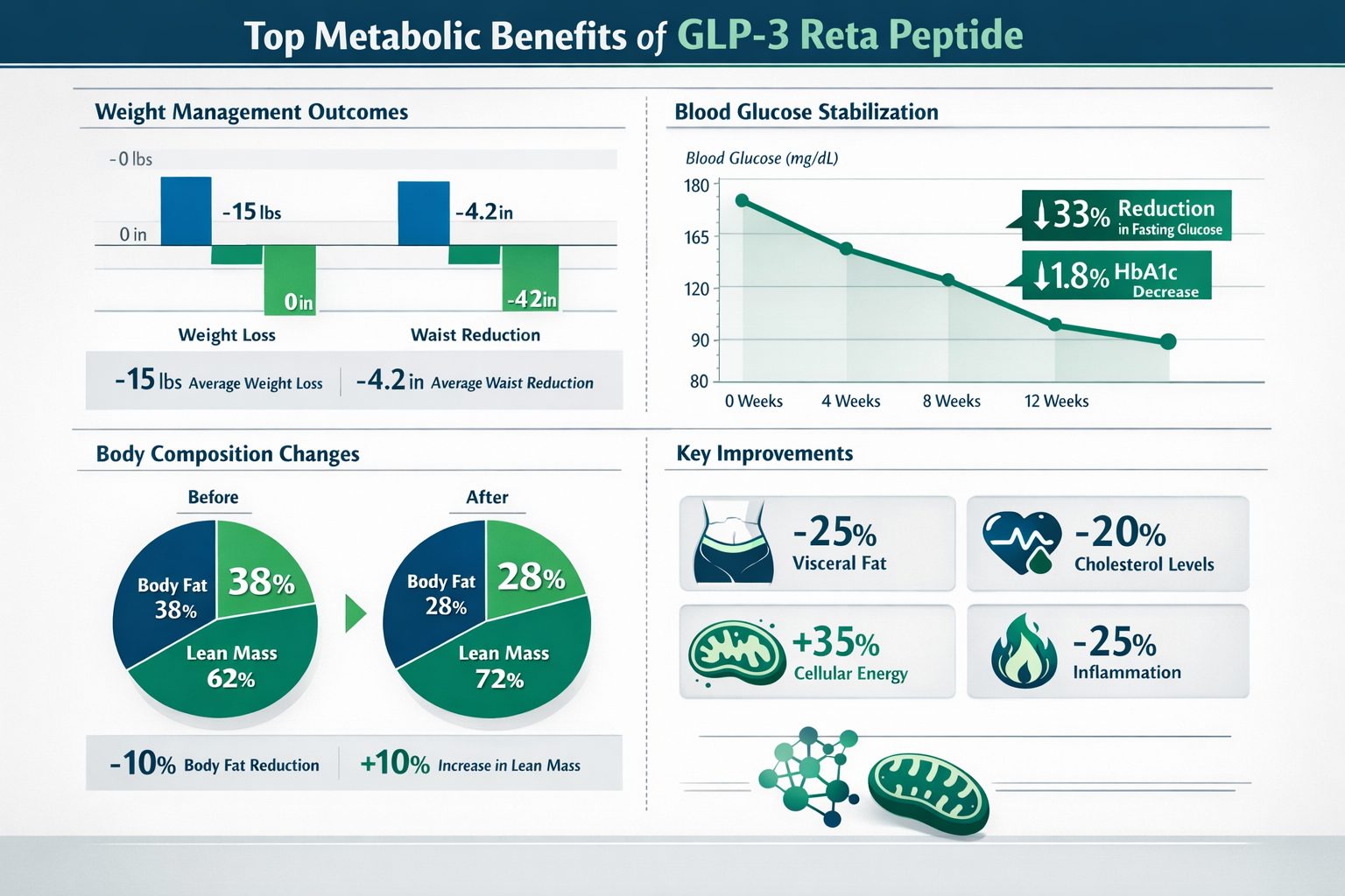 Research data visualization displaying top metabolic benefits of GLP-3 Reta peptide including bar graphs comparing weight management outcome