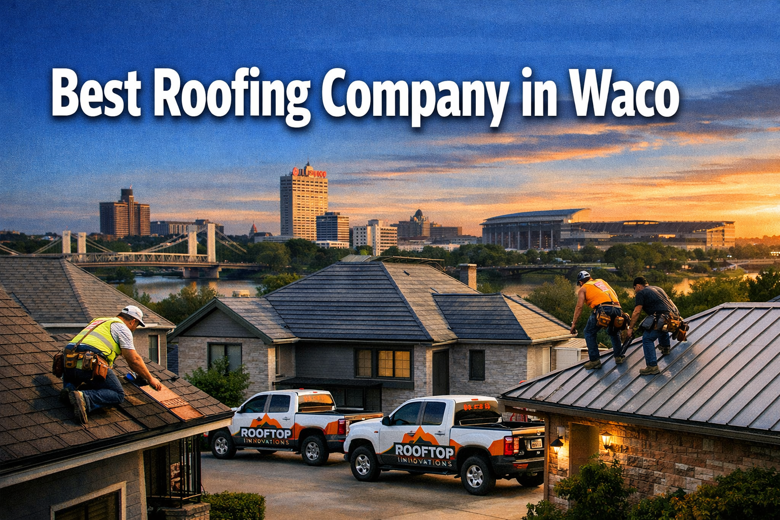 Professional landscape hero image (1536x1024) featuring bold text overlay 'Best Roofing Company in Waco' in extra large 72pt white sans-seri
