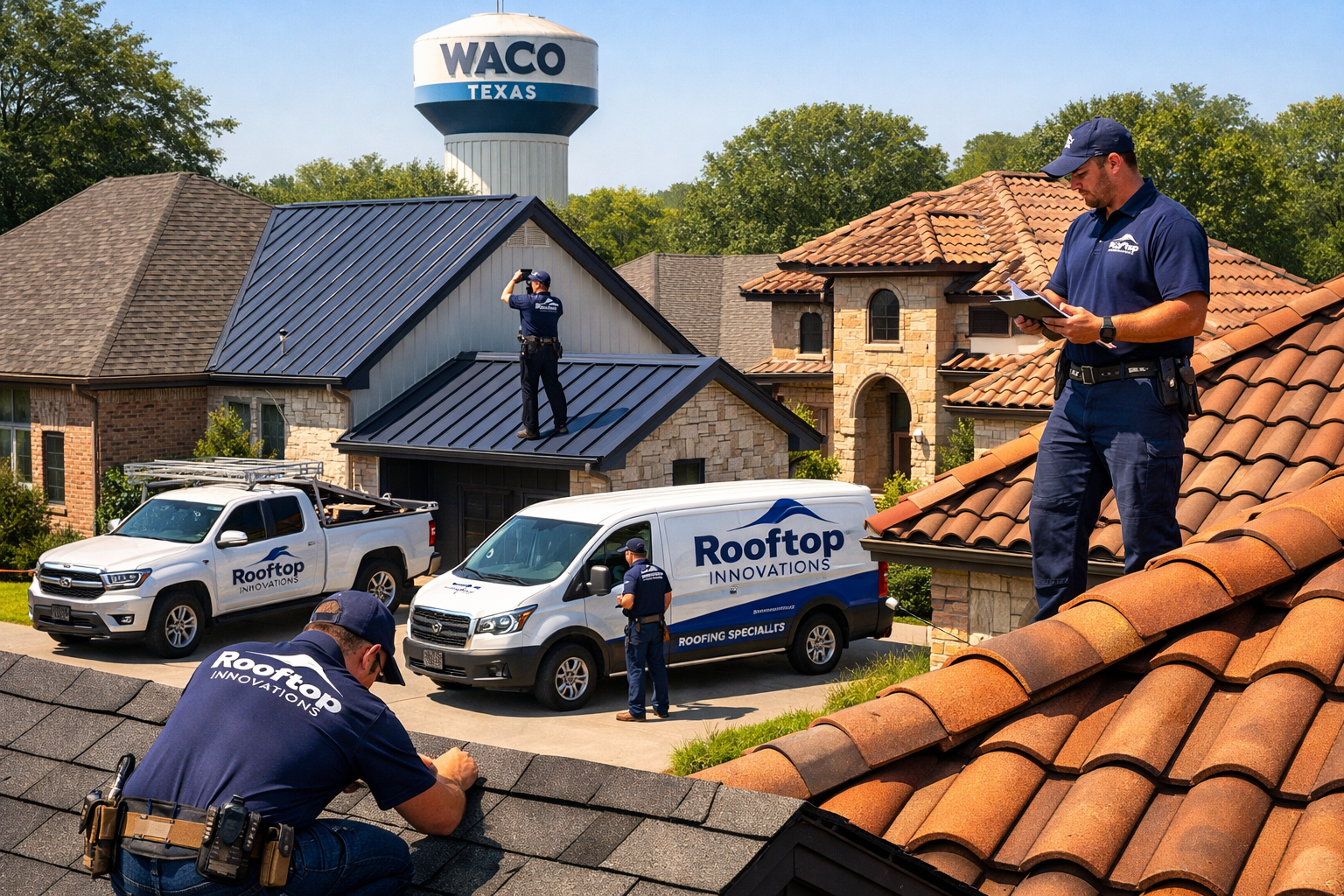 Professional landscape image (1536x1024) showing Waco Texas residential neighborhood with various home styles and roofing materials. Focus o