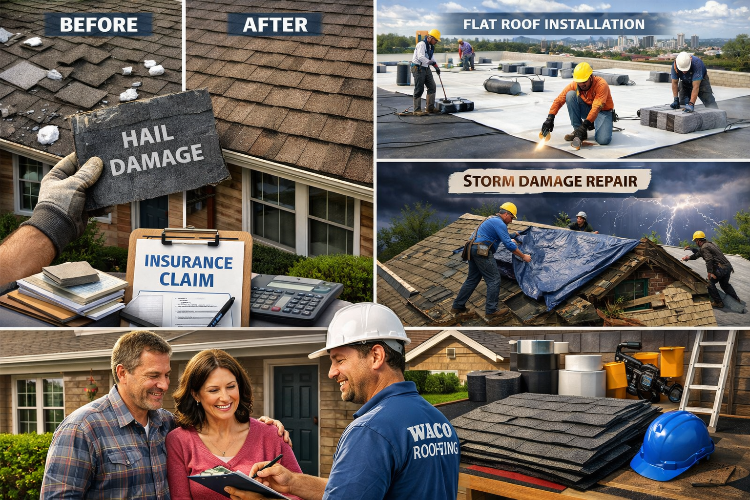 Detailed landscape image (1536x1024) depicting comprehensive roofing services including residential roof replacement, commercial flat roof i