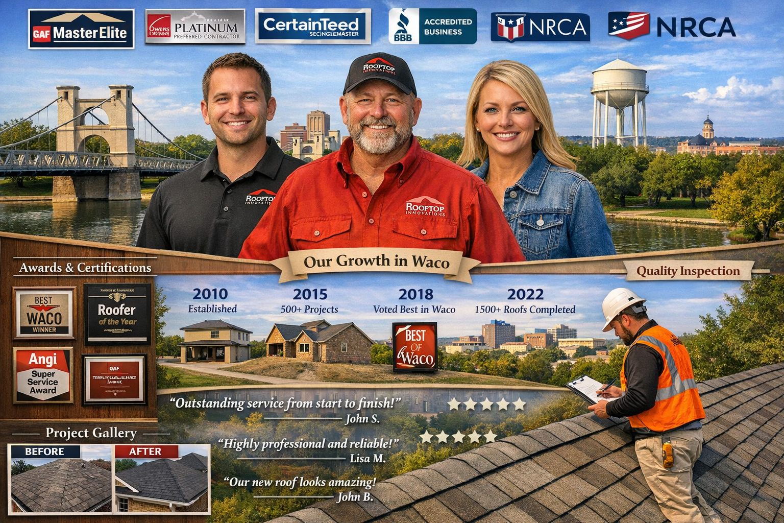 Professional landscape image (1536x1024) showcasing Rooftop Innovations team expertise with certified technicians, quality control processes