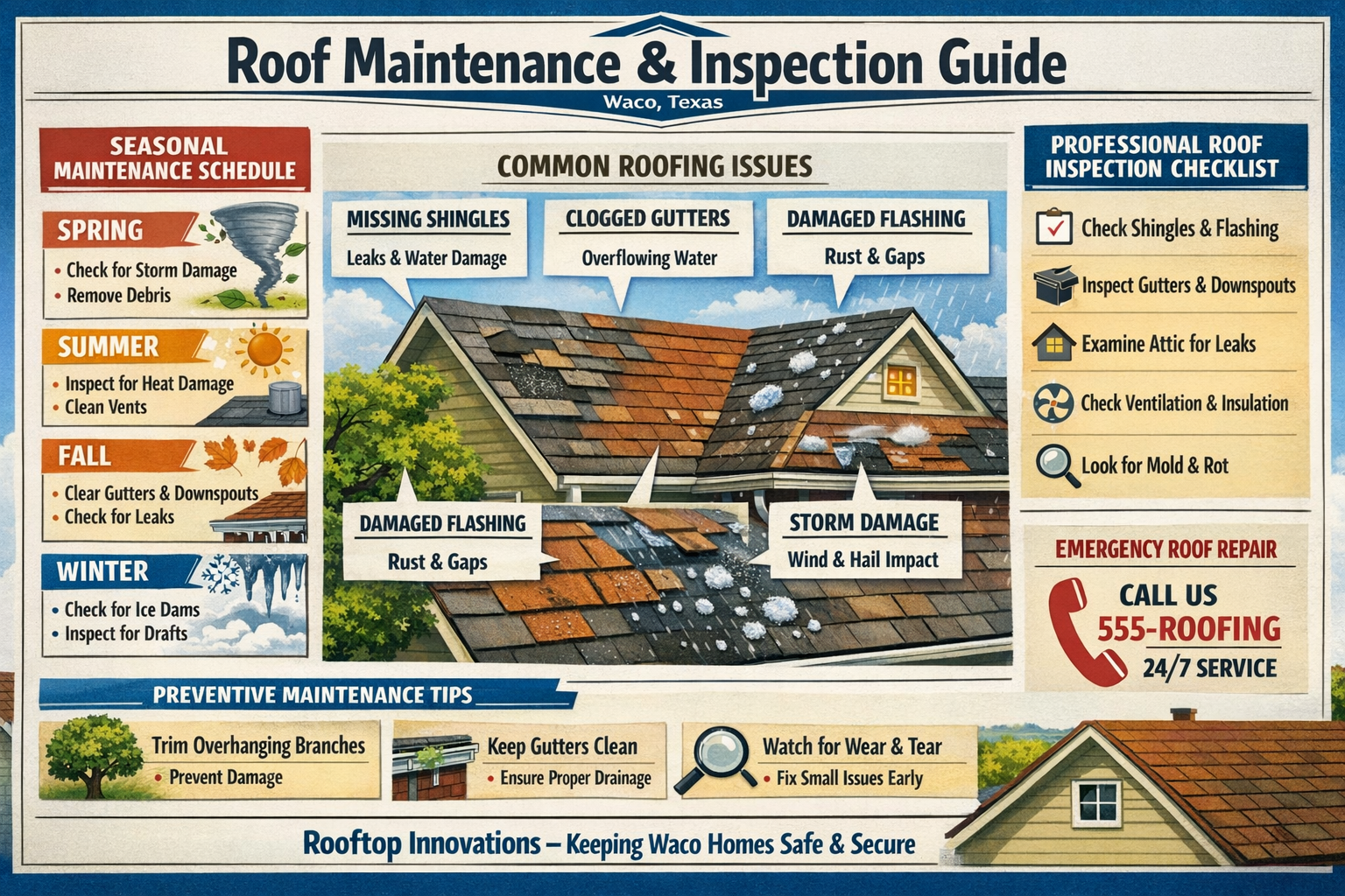 Informative landscape image (1536x1024) illustrating roof maintenance best practices, seasonal inspection schedules, and preventive care str