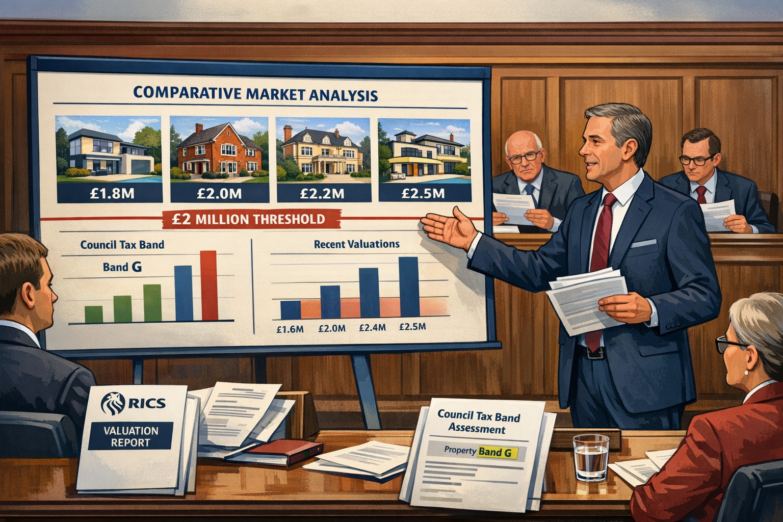 Landscape format (1536x1024) detailed illustration showing RICS expert witness surveyor presenting evidence in valuation tribunal setting. C