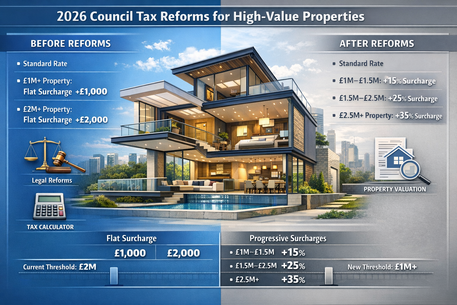 Detailed infographic visualizing 2026 Council Tax Reforms for high-value properties, featuring architectural cross-section of a premium resi