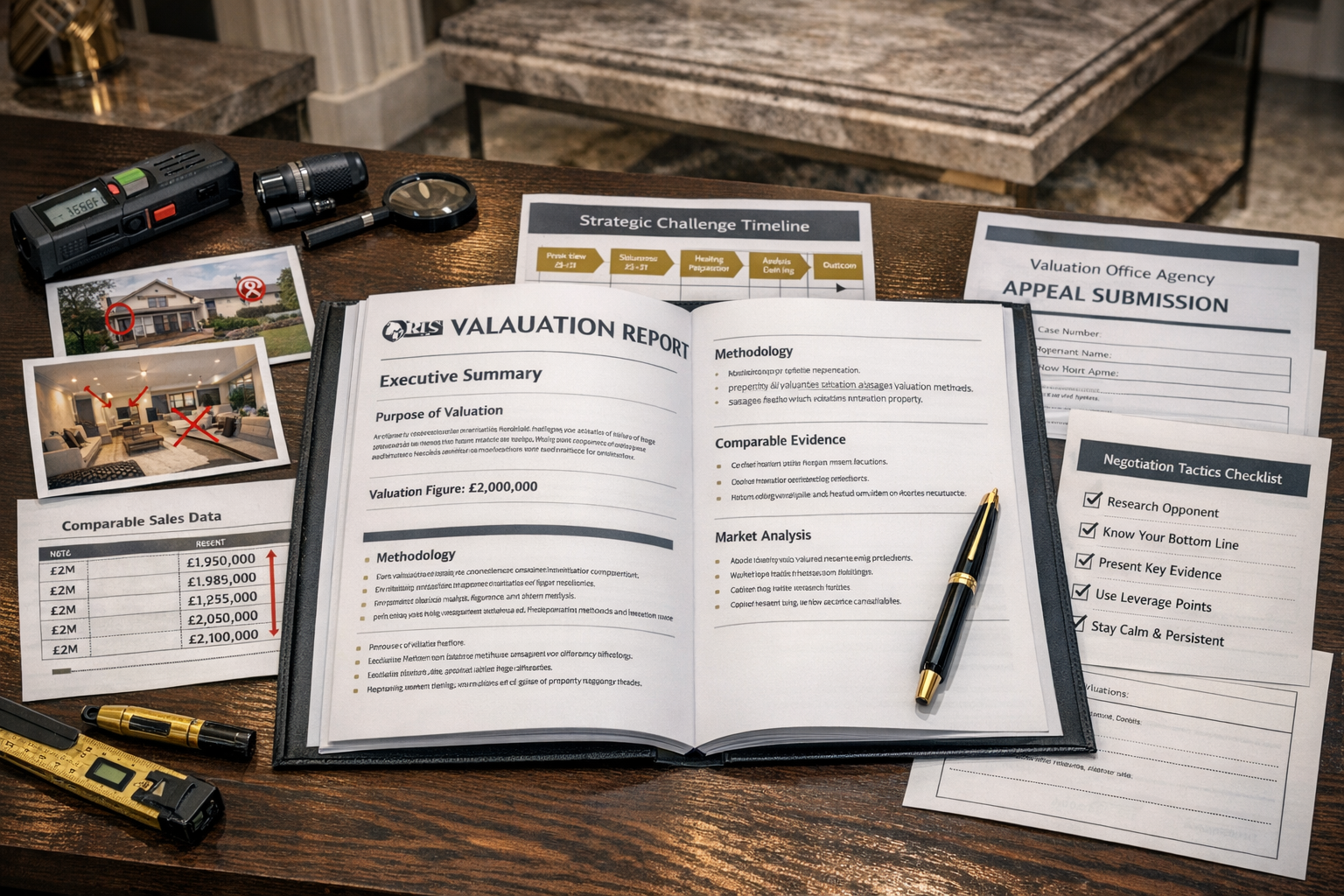 Landscape format (1536x1024) professional composition showing expert witness valuation report documentation and negotiation strategy materia