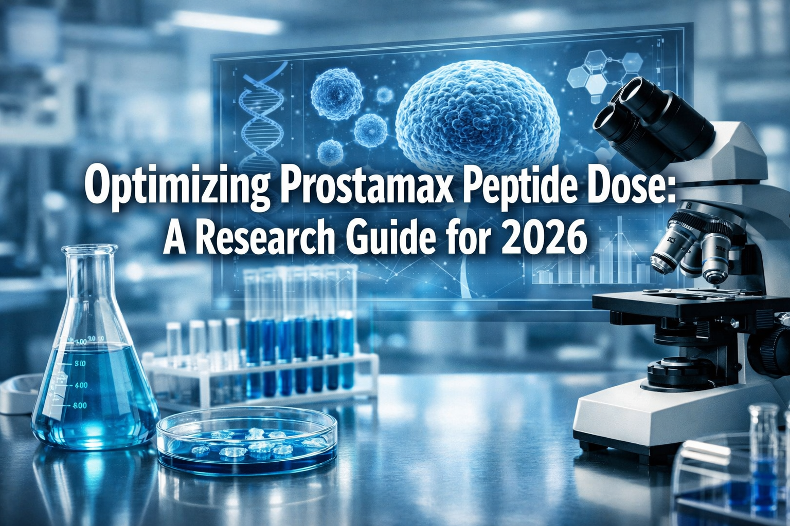 Professional landscape hero image (1536x1024) featuring bold text overlay: 'Optimizing Prostamax Peptide Dose: A Research Guide for 2026' in