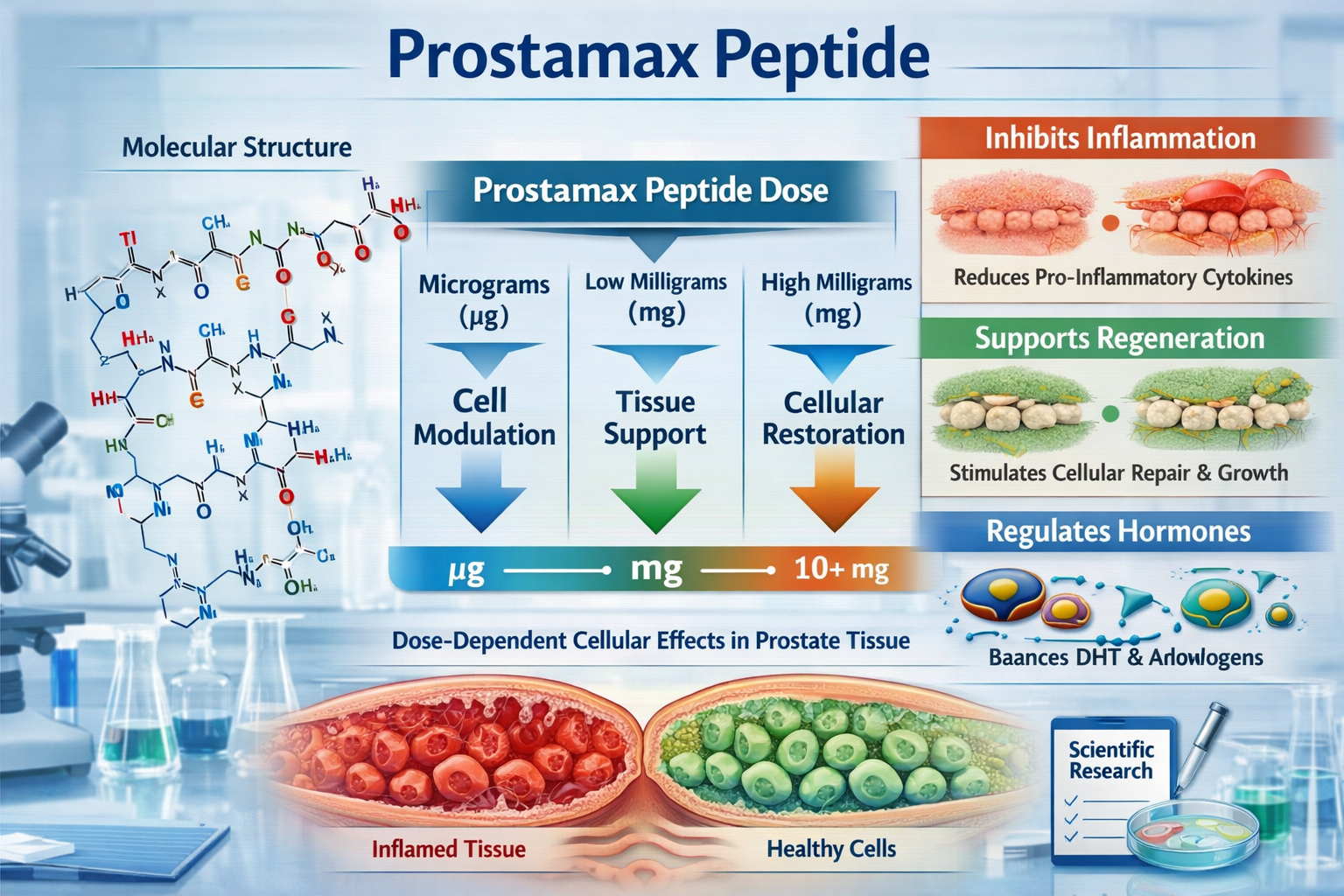 A detailed infographic illustrating the molecular structure of prostamax peptide, with callouts explaining its proposed mechanisms of action