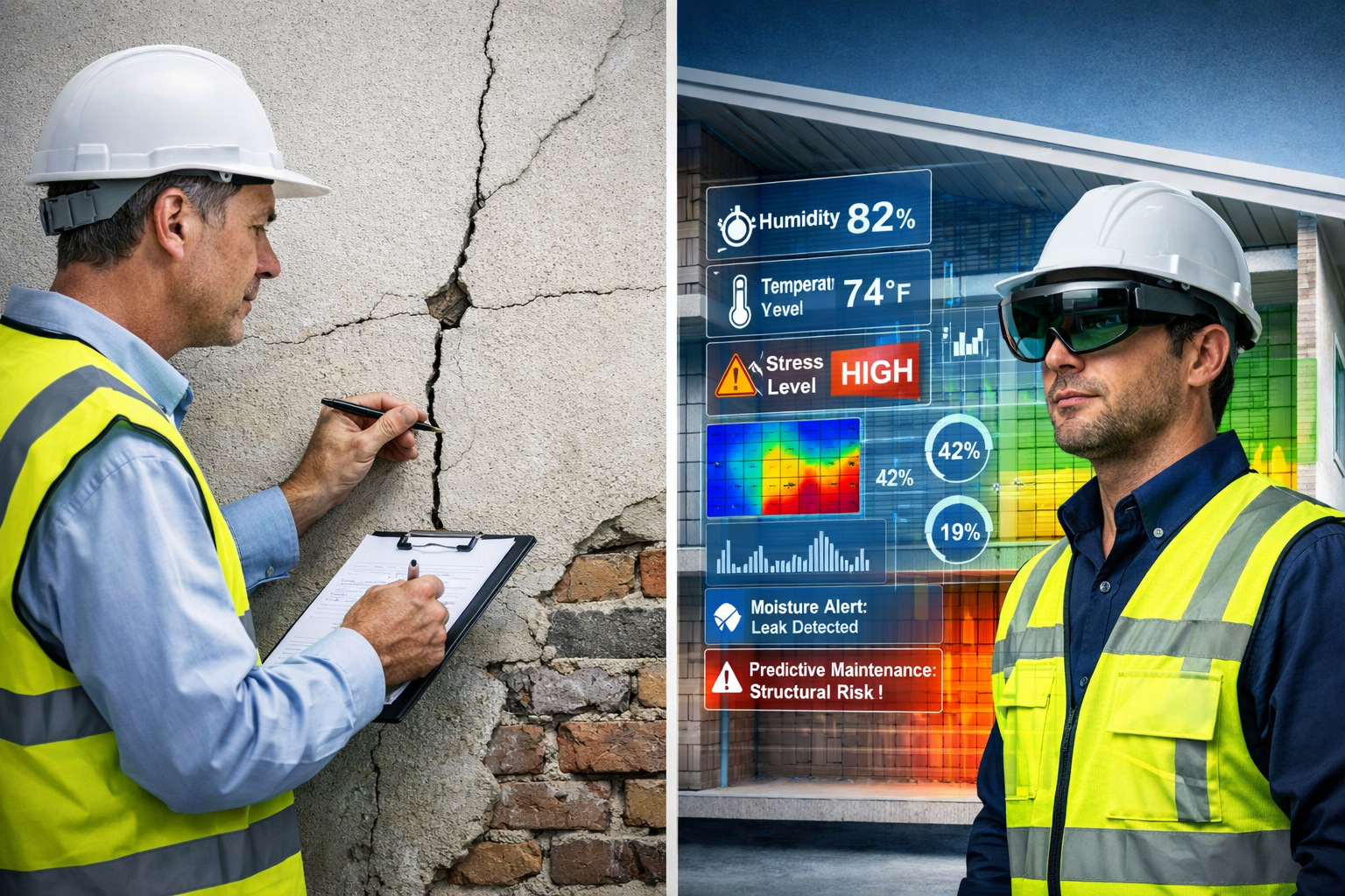 () editorial image showing split-screen composition: left side displays traditional surveyor with clipboard inspecting