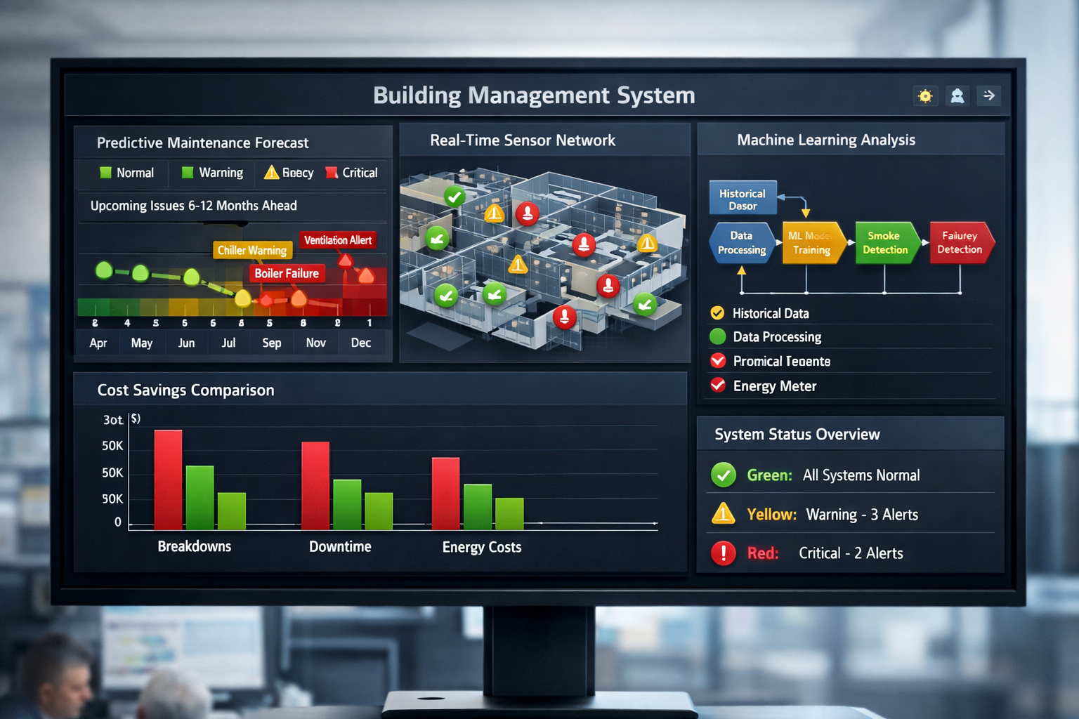 () detailed infographic-style image showing building management system dashboard on large monitor display with multiple data