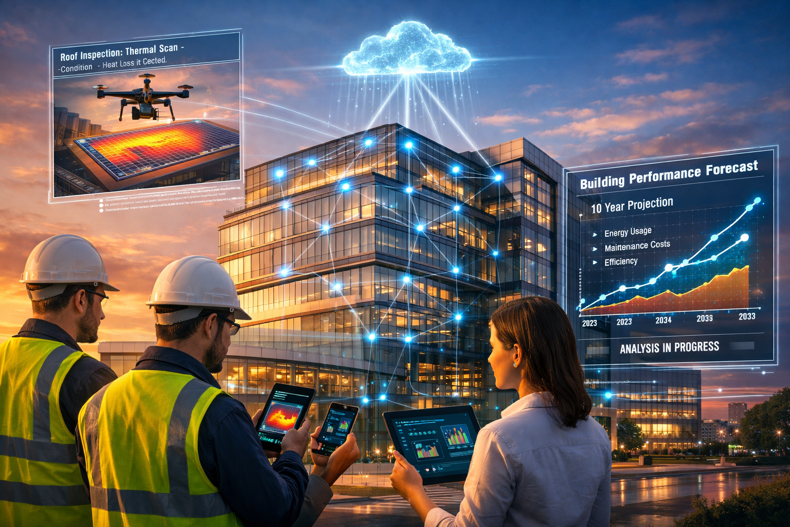 () architectural visualization showing futuristic smart building exterior with transparent displaying integrated technology