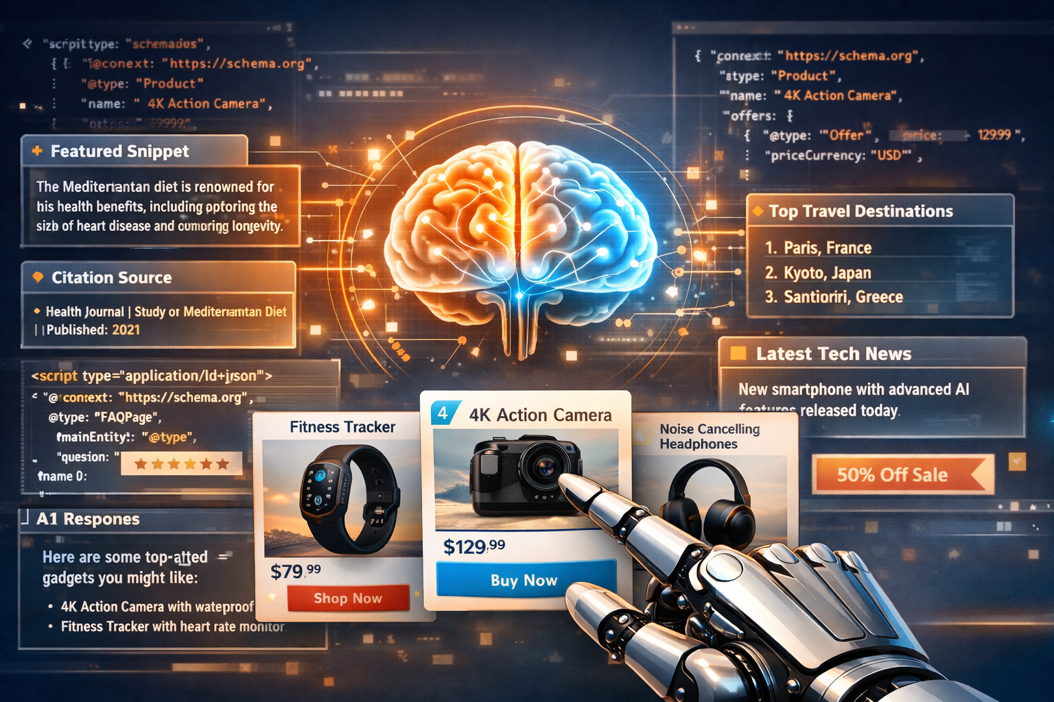 () detailed illustration showing AI assistant interface with structured data markup overlays, rich snippets floating around