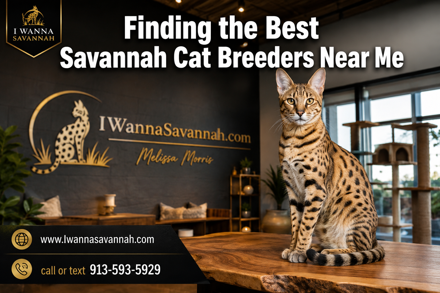 Professional () hero image with : 'Finding the Best Savannah Cat Breeders Near Me' in extra large white with dark drop ,