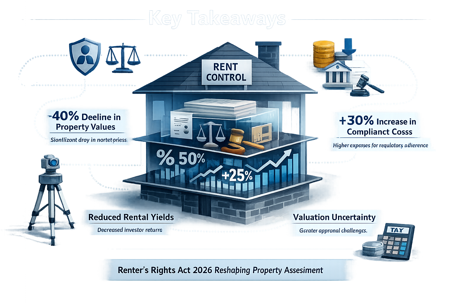 Key Takeaways section infographic in (), featuring a multi-layered visual representation of property valuation challenges.